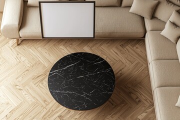 Overhead view of a contemporary living space, featuring a black marble coffee table, blank poster frame, and beige couch under natural light.