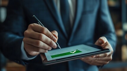 Business professional using tablet for project management in office