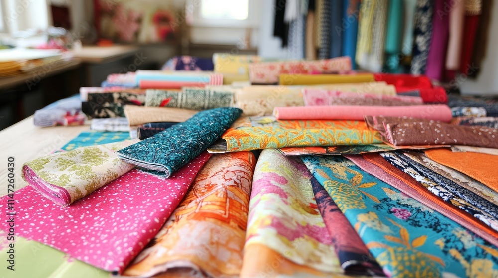 Poster a collection of fabric swatches in a range of bright colors and textures, carefully arranged on a we