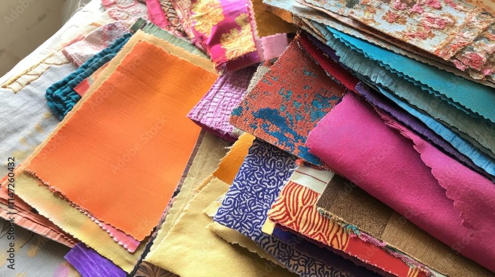 Poster a collection of fabric swatches in a range of bright colors and textures, carefully arranged on a we