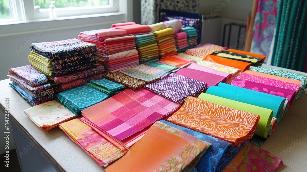 Poster a collection of fabric swatches in a range of bright colors and textures, carefully arranged on a we
