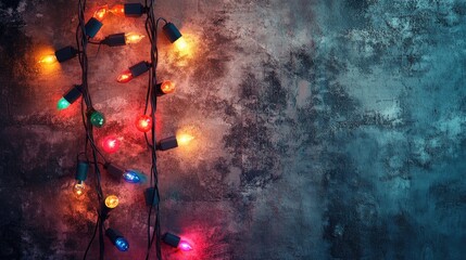 Obraz premium A cozy holiday scene featuring colorful Christmas lights arranged along a textured loft wall, inviting creativity for seasonal designs and festive settings