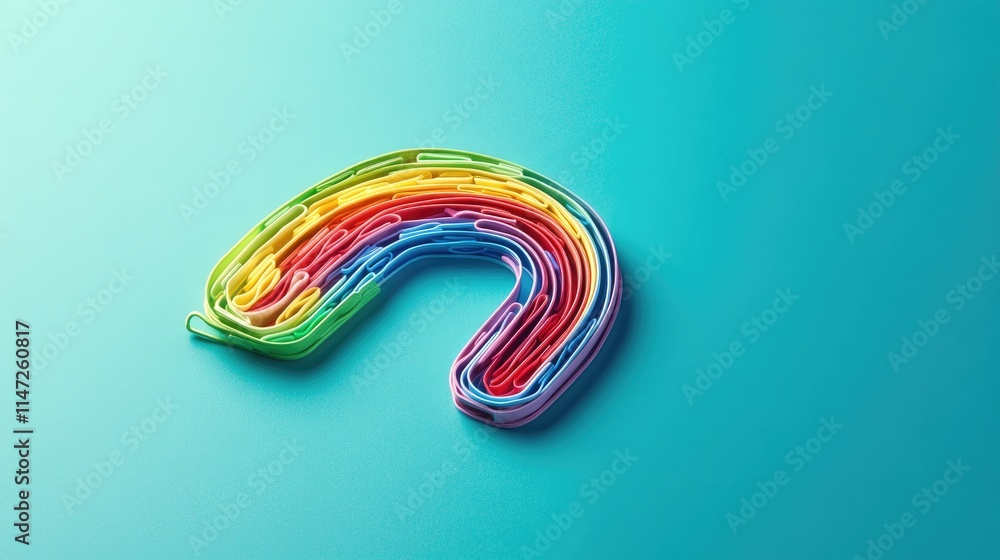Poster A creative organization of multi-colored paper clips forming a rainbow on a smooth turquoise surface, bringing a burst of color to an office setting