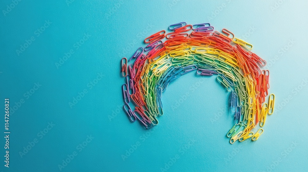 Poster A creative organization of multi-colored paper clips forming a rainbow on a smooth turquoise surface, bringing a burst of color to an office setting