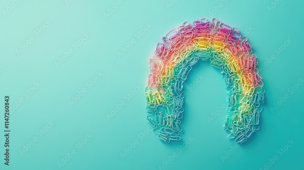 Poster a creative organization of multi-colored paper clips forming a rainbow on a smooth turquoise surface