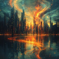 Obraz premium Futuristic city skyline reflected in water, fiery swirling sky.