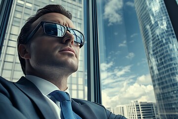 Fototapeta premium Businessman in sunglasses, urban view. Concept of success, leadership, and modern business.