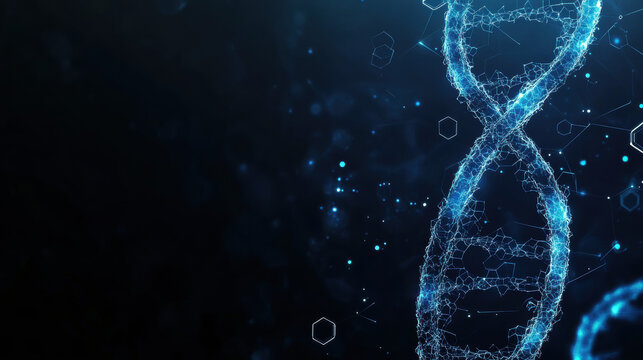 Abstract digital blue double-helix DNA background with hexagonal elements on a dark black color banner for medical, science