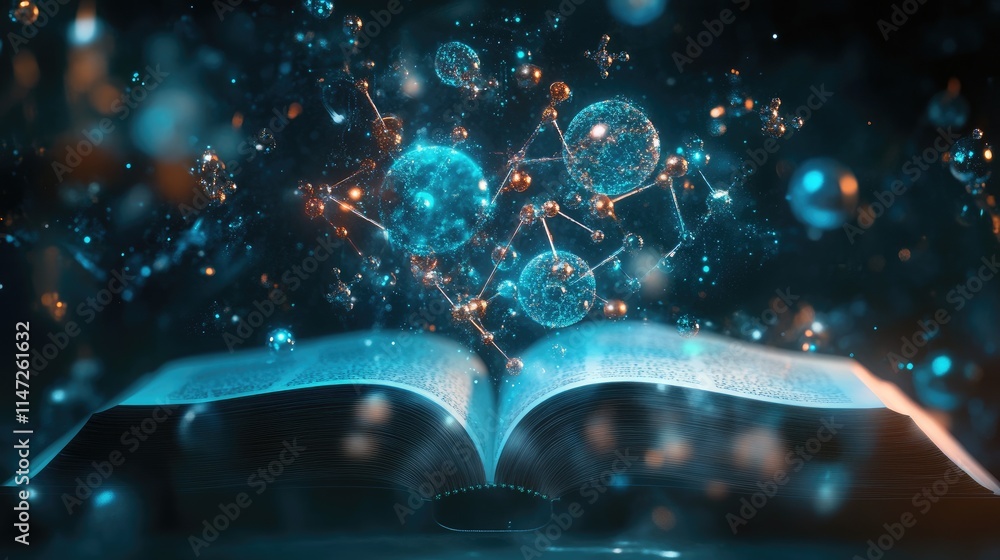 Poster a detailed holographic projection of atoms and molecules above an open book on a dark surface, blend