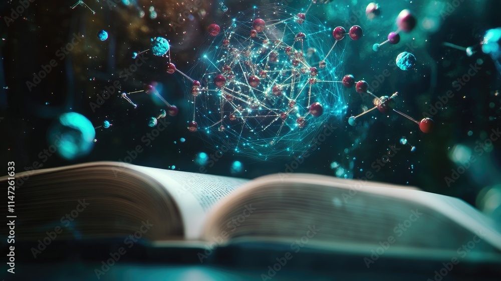 Poster a detailed holographic projection of atoms and molecules above an open book on a dark surface, blend