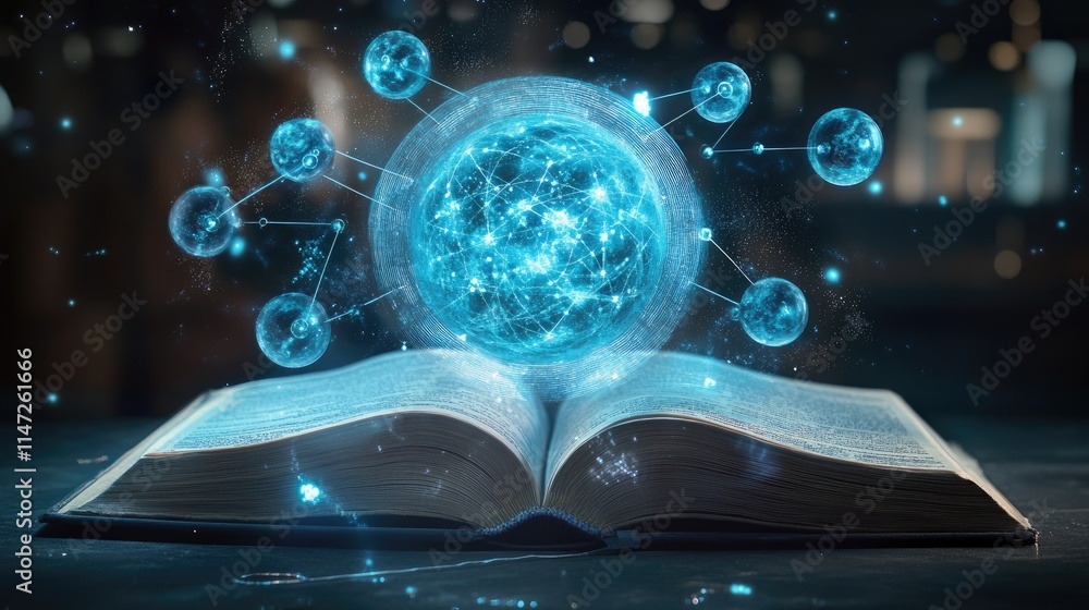 Poster a detailed holographic projection of atoms and molecules above an open book on a dark surface, blend
