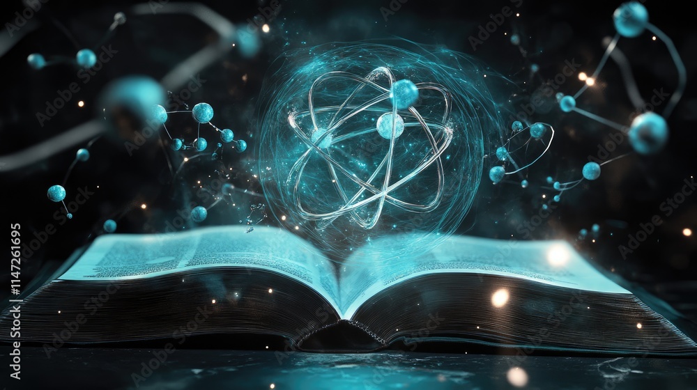 Aufkleber a detailed holographic projection of atoms and molecules above an open book on a dark surface, blend