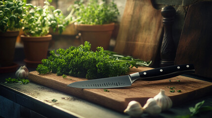Fresh herbs and garlic being prepared in a rustic kitchen setting. Generative AI