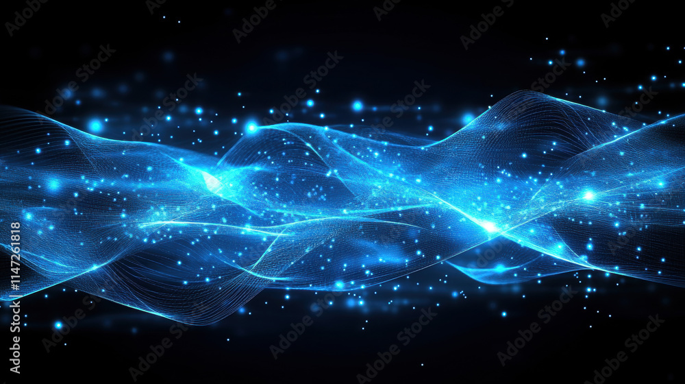 Poster abstract digital background with glowing connections and light particles on a blue backdrop, represe