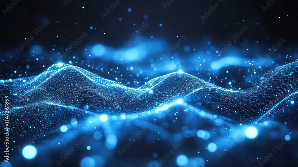 Poster abstract digital background with glowing connections and light particles on a blue backdrop, represe