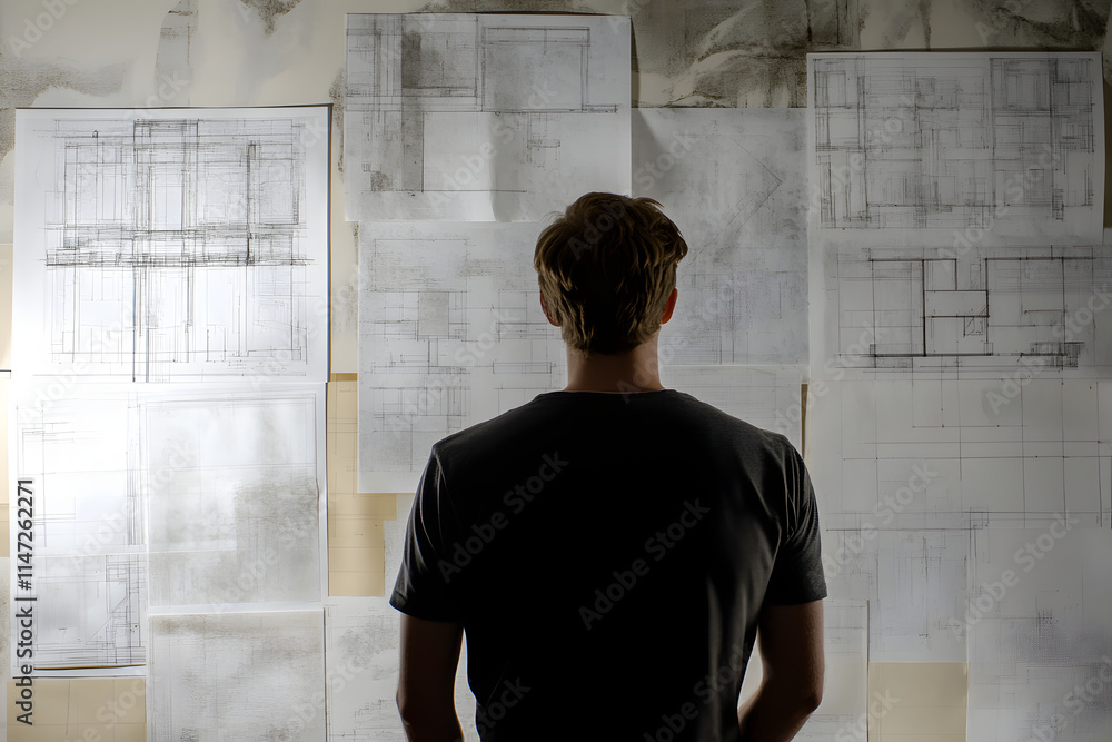 Poster a person examines architectural sketches on a wall, deep in thought about design concepts.