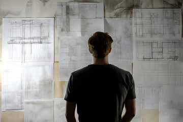 Obraz premium A person examines architectural sketches on a wall, deep in thought about design concepts.