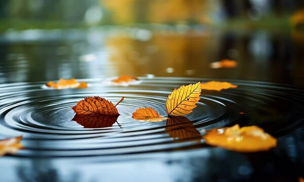 Autumn leaves floating on water, creating ripples in a serene, reflective environment.