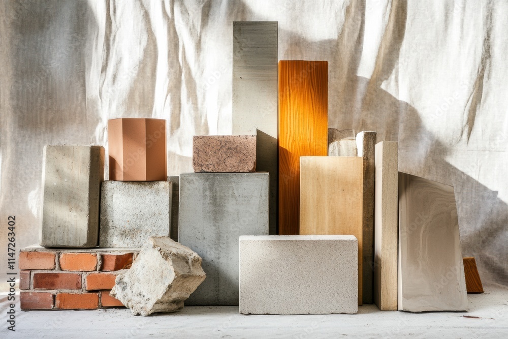 Poster variety of construction materials displayed with a focus on bricks wood and concrete blocks in a wel