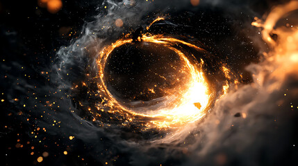 A fiery explosion in space with a large hole in the middle