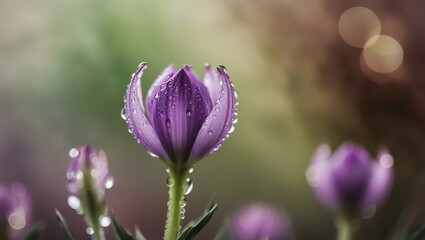 Before blooming, a close-up of a purple flower with water droplets. hazy background of green and brown.