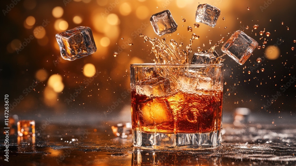 Poster a dynamic photo of ice cubes falling into a glass of clear drink, creating dramatic splashes, perfec
