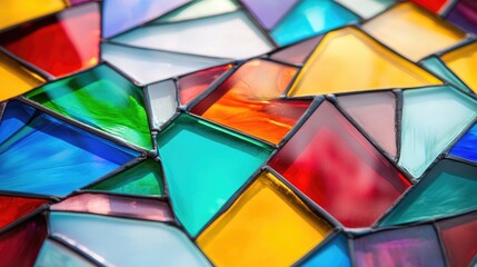 Fototapeta premium A dynamic close-up of colorful stained glass pieces piled together, their brilliant colors contrasted sharply against a clean, white surface