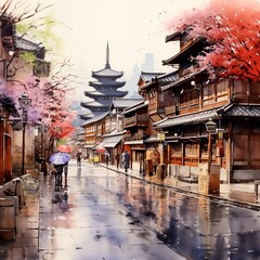 Obraz premium Serene Kyoto Street Scene: Traditional Japanese Architecture with Cherry Blossoms and Pagoda Reflected on a Rainy Day – A Nostalgic Celebration of Cultural Heritage