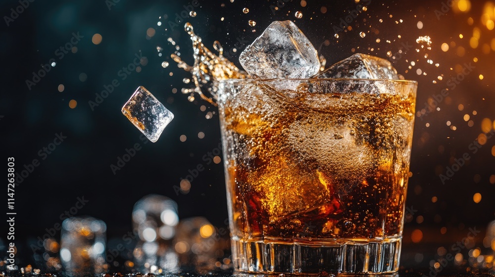 Poster A dynamic shot of ice cubes splashing into a clear beverage on a table, creating exciting motion and space for adding text or copy, with a refreshing and lively vibe