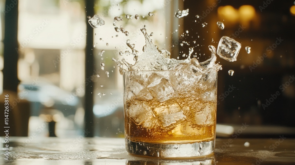 Poster A dynamic shot of ice cubes splashing into a clear beverage on a table, creating exciting motion and space for adding text or copy, with a refreshing and lively vibe