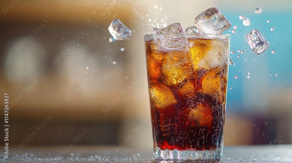 Aufkleber A dynamic shot of ice cubes splashing into a clear beverage on a table, creating exciting motion and space for adding text or copy, with a refreshing and lively vibe