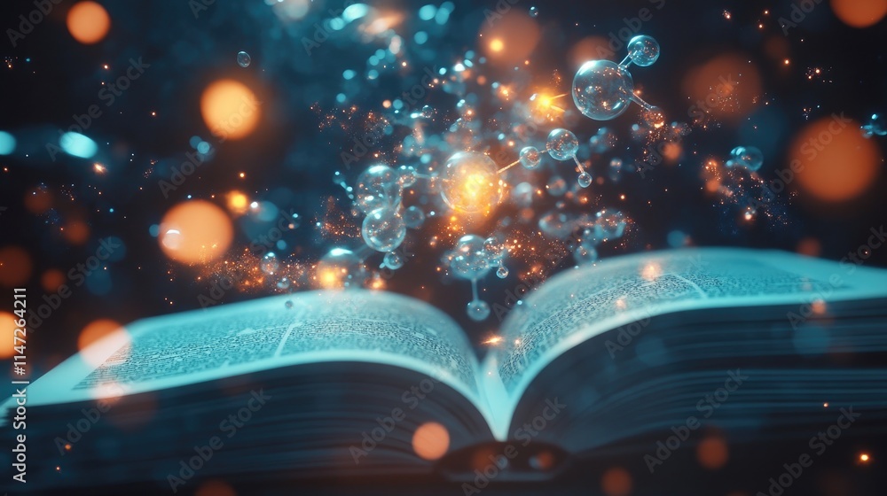 Aufkleber A glowing hologram of atoms and molecules emanating from an open book, creating a dynamic and intellectual atmosphere against a dark background