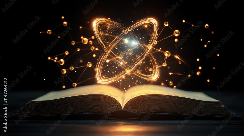 Aufkleber A glowing hologram of atoms and molecules emanating from an open book, creating a dynamic and intellectual atmosphere against a dark background