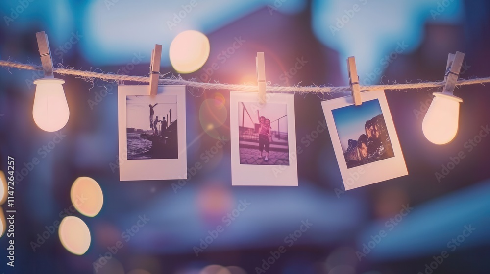 Leinwandbilder polaroid photographs displayed creatively on string with clothespins against a softly lit evening ba