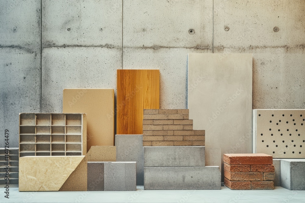 Poster various construction materials arranged against a concrete backdrop showcasing their textures and co