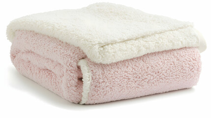 A folded fluffy blanket in pink and white, perfect for warmth and comfort.