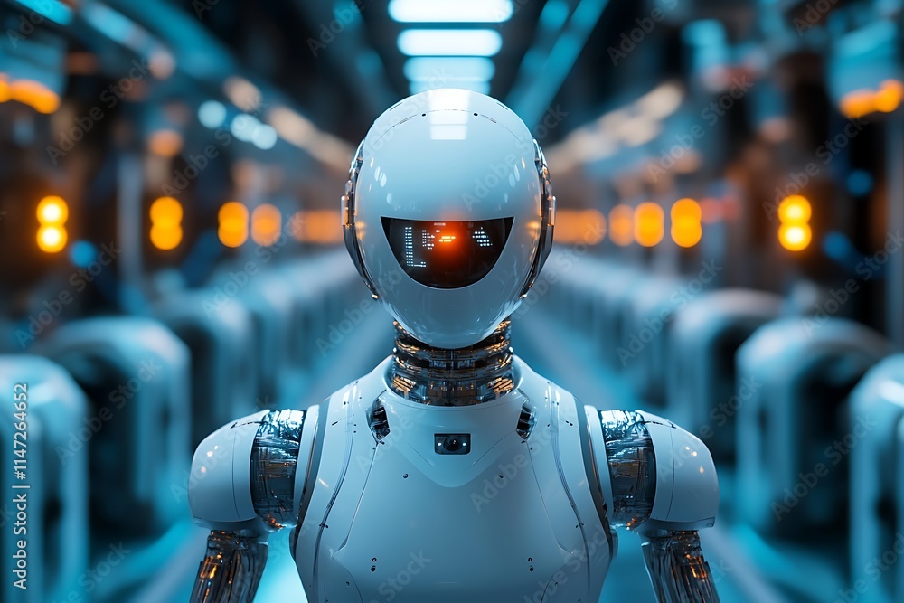 Poster futuristic robot in a high tech facility. concept of artificial intelligence, automation, and the fu