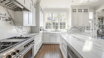 Bright Modern Kitchen with White Cabinets and Marble Countertops
