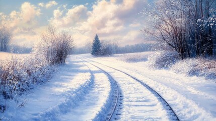 Obraz premium A lone set of tracks cutting through a snowy, quiet winter scene, highlighting the purity and stillness of the landscape under a soft winter sky