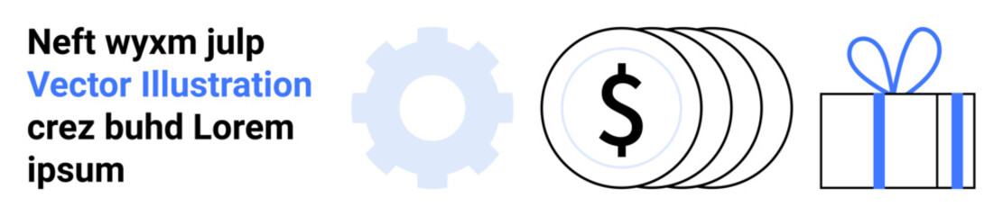 Gear, stack of dollar coins, and gift box outline icons next to placeholder text Neft wyxm julp Vector Illustration. Ideal for finance, business, technology, marketing, rewards, incentives
