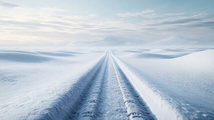 A lone set of tracks cutting through a snowy, quiet winter scene, highlighting the purity and stillness of the landscape under a soft winter sky