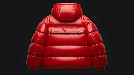 A shiny red puffer jacket viewed from the back, showcasing its puffy design and hood.