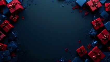 Obraz premium Red and Blue Gifts Wrapped with Bows and Stars Festive Holiday Season Celebration