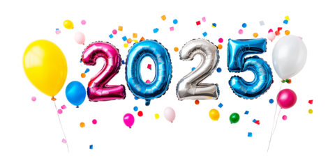 Colorful foil balloons spelling "2025" surrounded by vibrant confetti and additional balloons in yellow, white, and other colors. Isolated on a white background, evoking celebration and festivity.