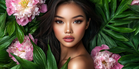 Naklejka premium A stunning woman with flawless makeup and elegant, long hair, surrounded by delicate pink peonies and lush green foliage, generative AI