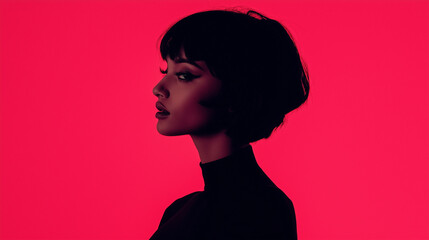 Portrait of a beautiful young woman with a short hair  on a red background , model girl with short hairstyle