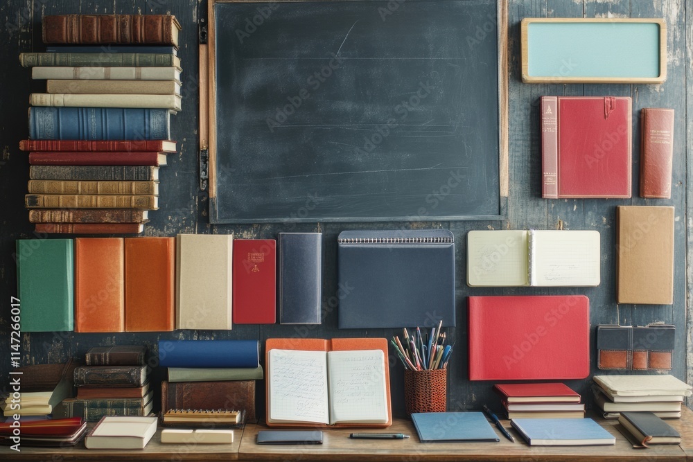 Fototapete stationery and books arranged neatly on a desk with a blackboard in the background for a study or wo