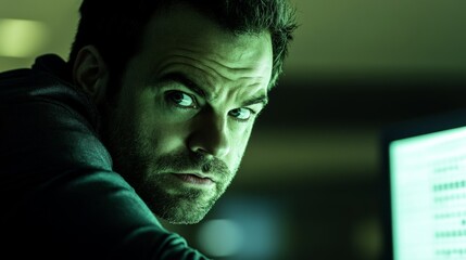 Person looking worried at computer screen, reflecting the pressures and challenges of modern digital life. Navigating complex technology and information overload.