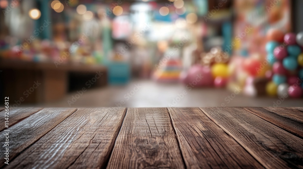 Aufkleber a rustic wooden table in focus with a playful, whimsical candy land scene blurred in the background,