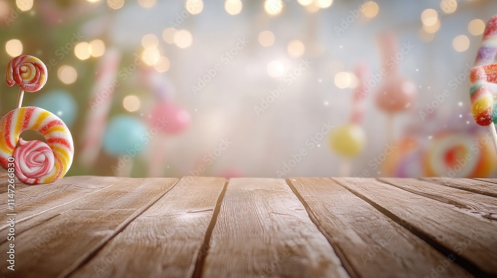 Poster a rustic wooden table in focus with a playful, whimsical candy land scene blurred in the background,